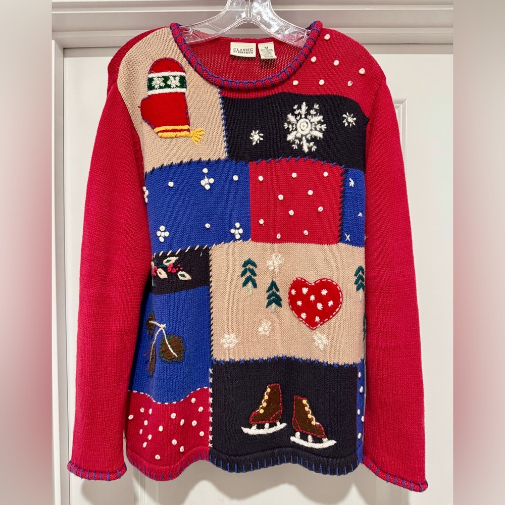 Vintage Patchwork Christmas Sweater - Red,‎ Blue, Cream